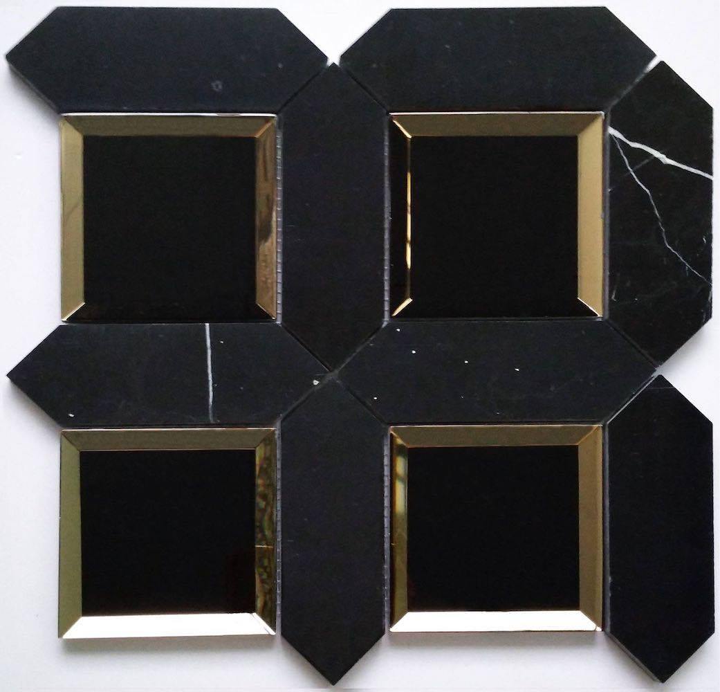 Mirror and Stone Waterjet Mosaic Tile Black