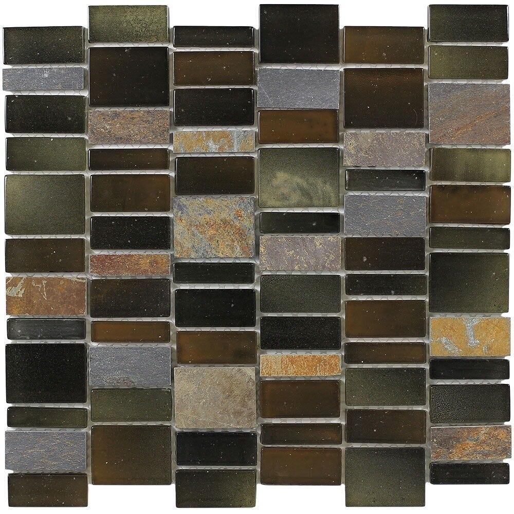 Glass & Slate Mosaic Tile Staggered Midnight