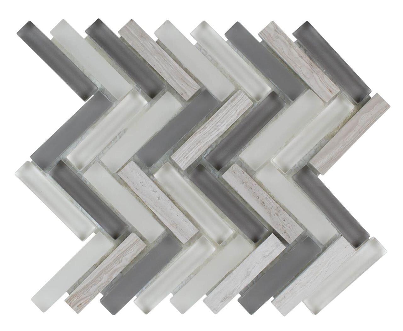 Herringbone Glass Stone Tile Silver