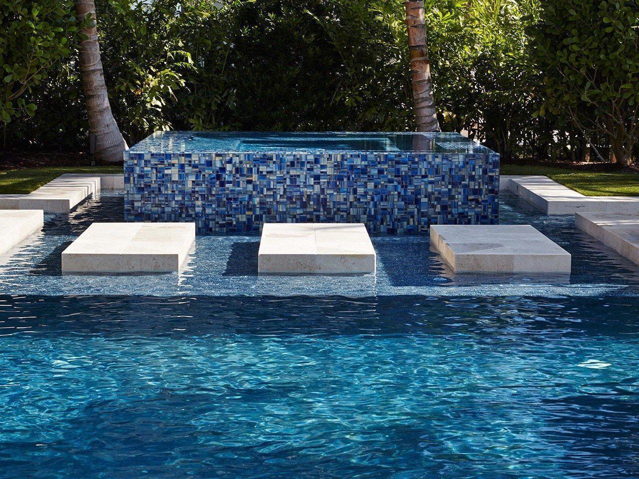 Glass Mosaic Tile Aquarella Blue features on a swimming pool