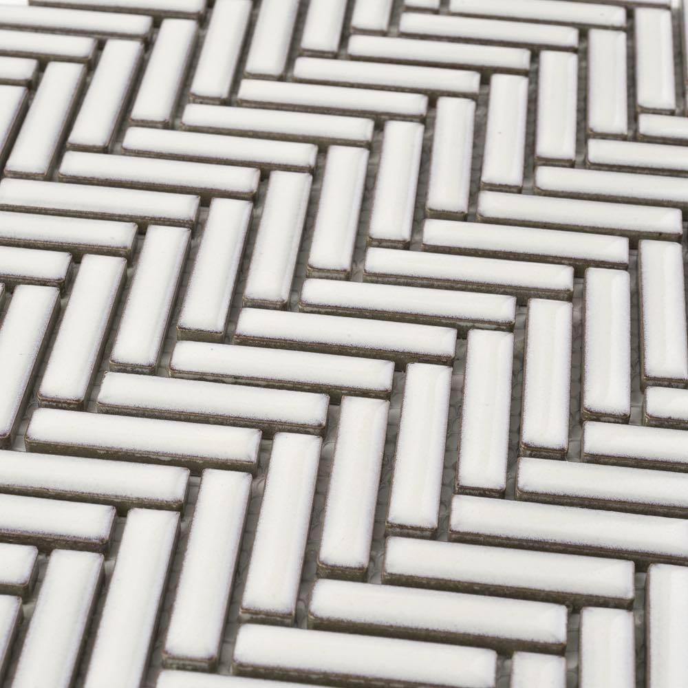 Herringbone Mosaic Tile Vintage Pearl White