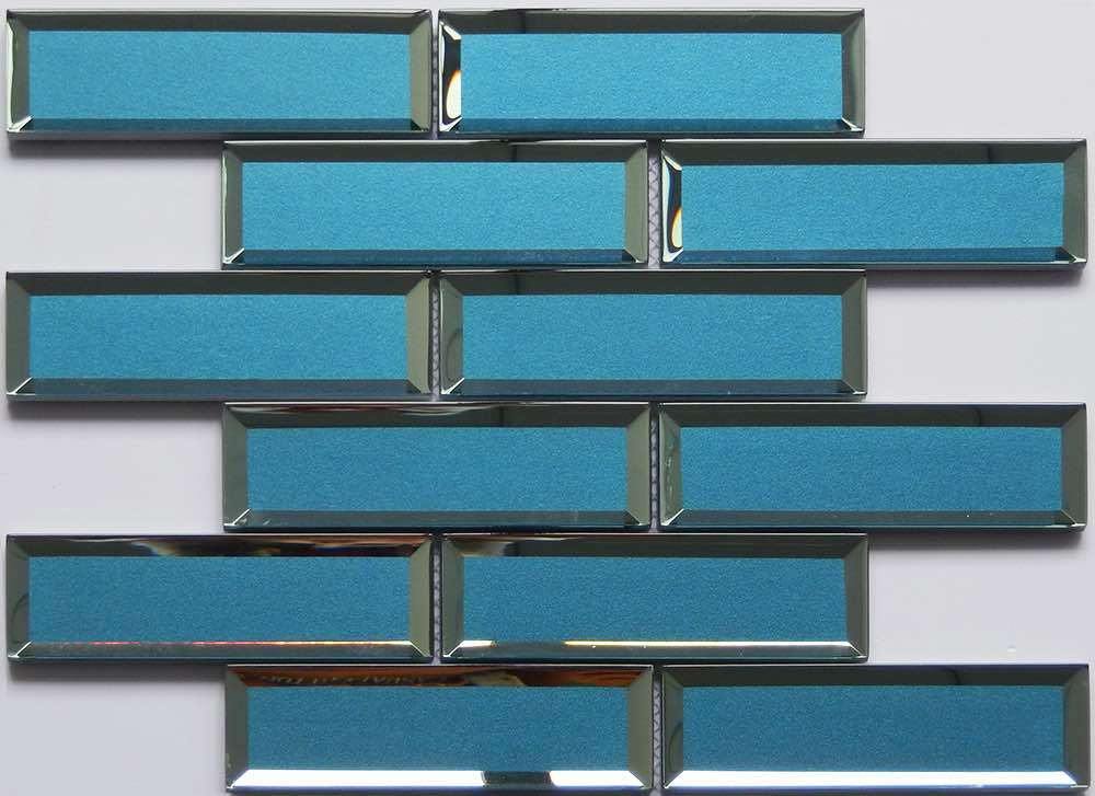 Glass Subway Tile Inverted Bevel Mirror Peacock Blue 2x6