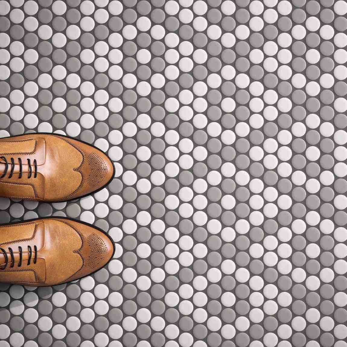 Penny Round Mosaic Tile Grey Pattern 10x9 installed on a floor