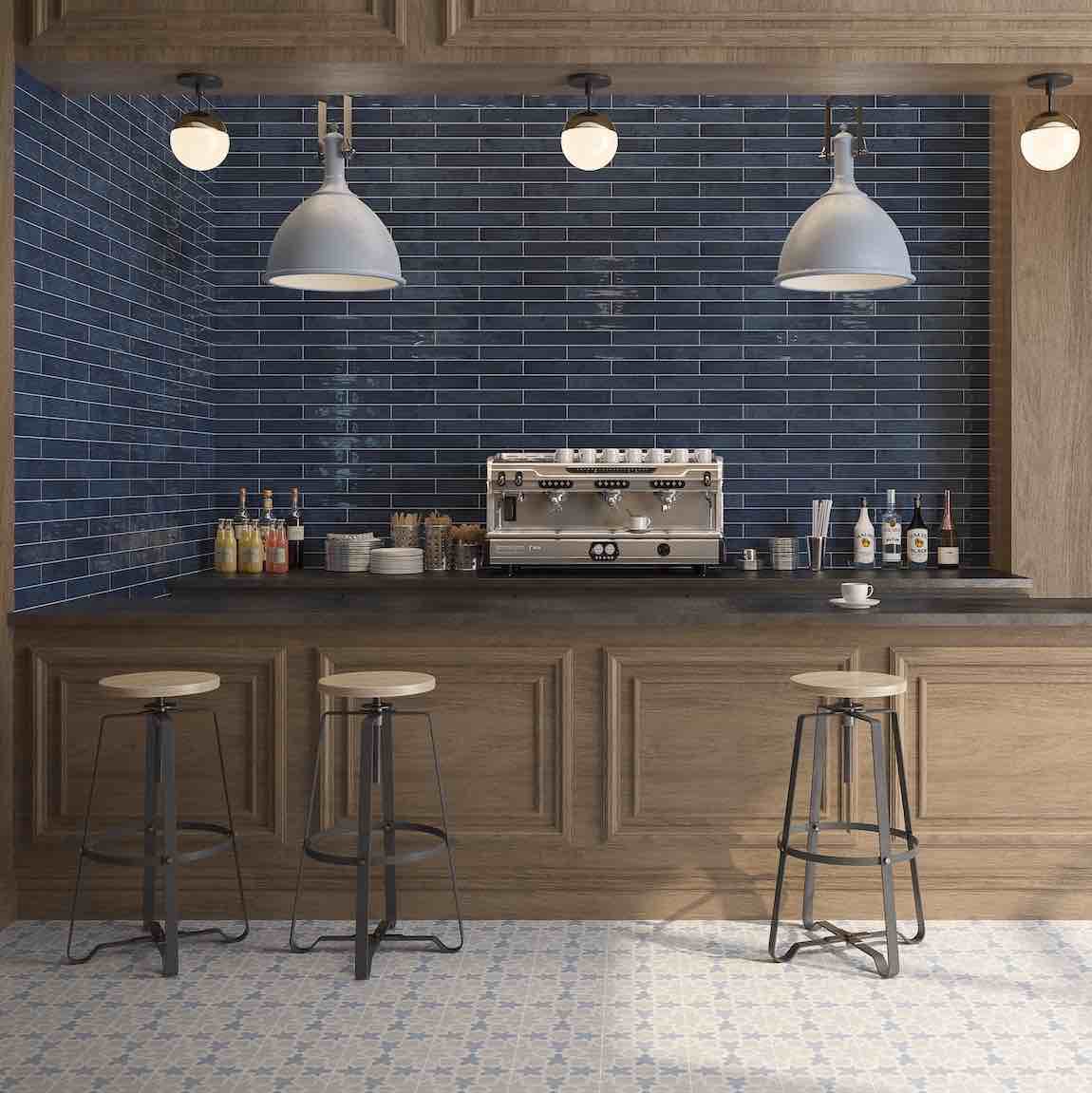 Persia Blue Subway Wall Tile 2.5x16 featured on a coffee bar