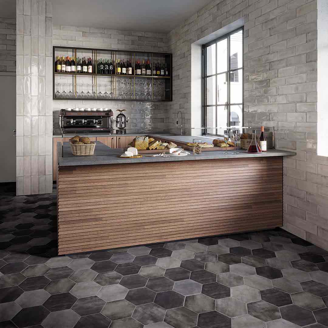 Porcelain Tile Washed Diesel Matte Hex 9.25x10.75 installed on a coffee bar floor