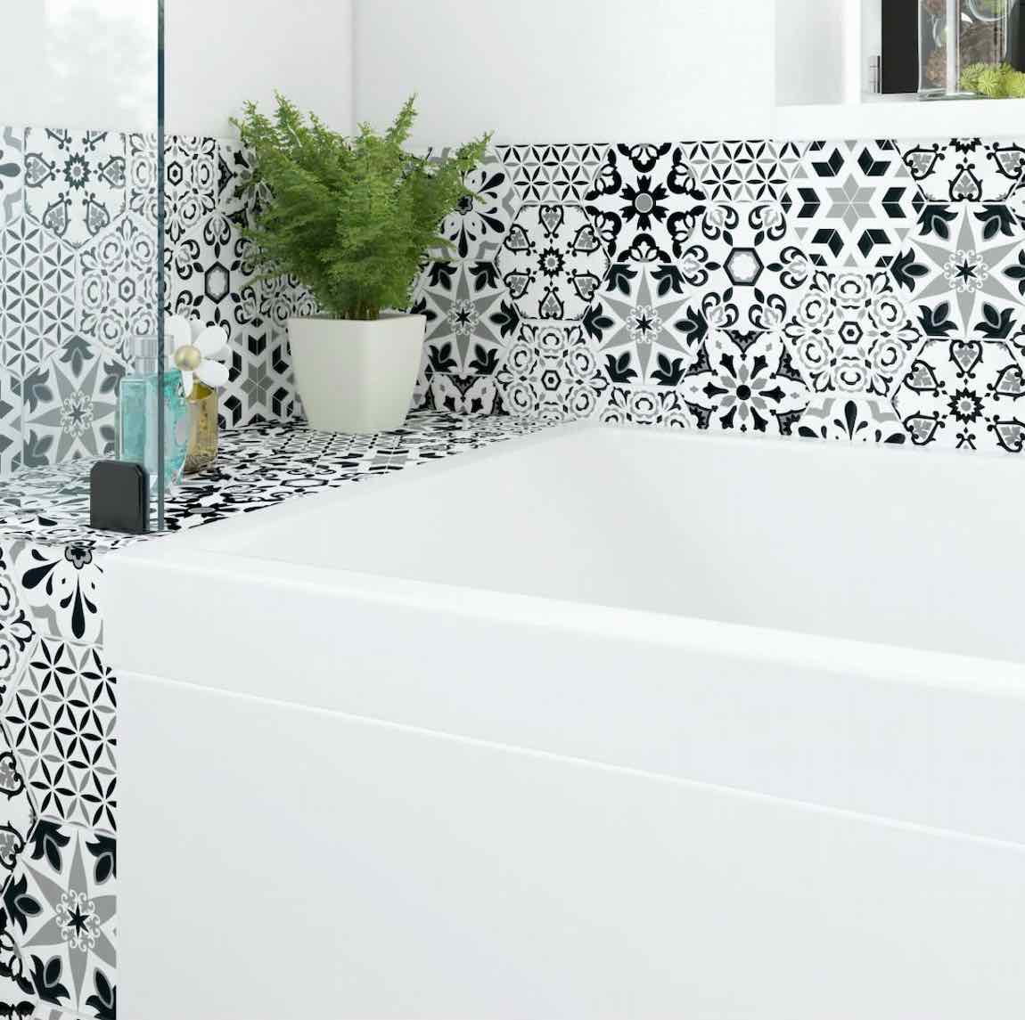 Patterned Porcelain Hexagon Tile Black White 6x7