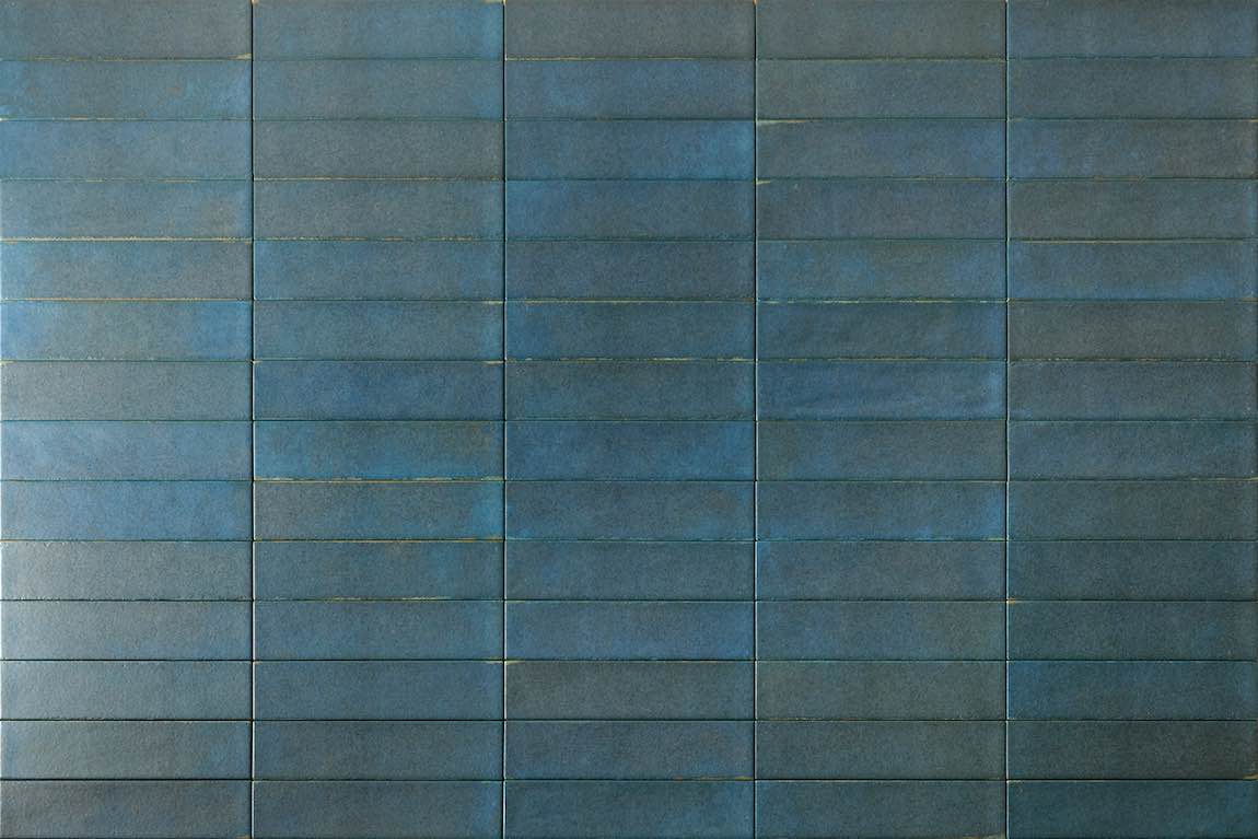 City Distressed Subway Tile Blue Matte 2x10 installed