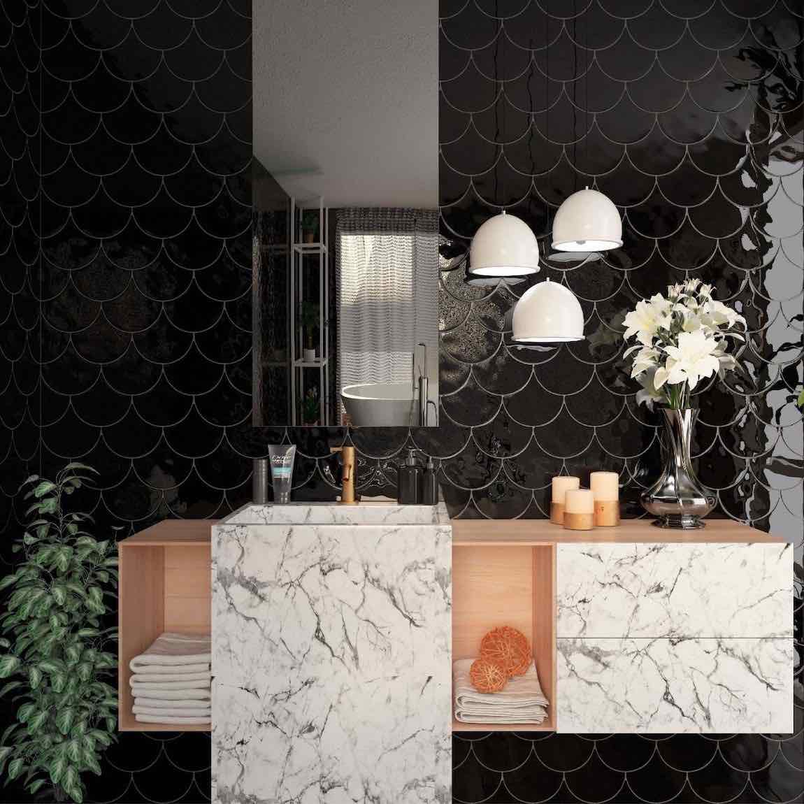 Fish Scale Wall Tile Glossy Black 6x7