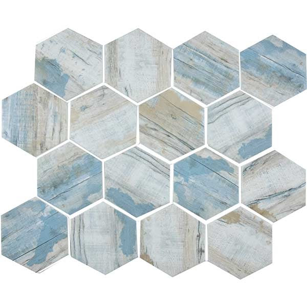 Glass Hexagon Mosaic Tile Wood Antique Blue