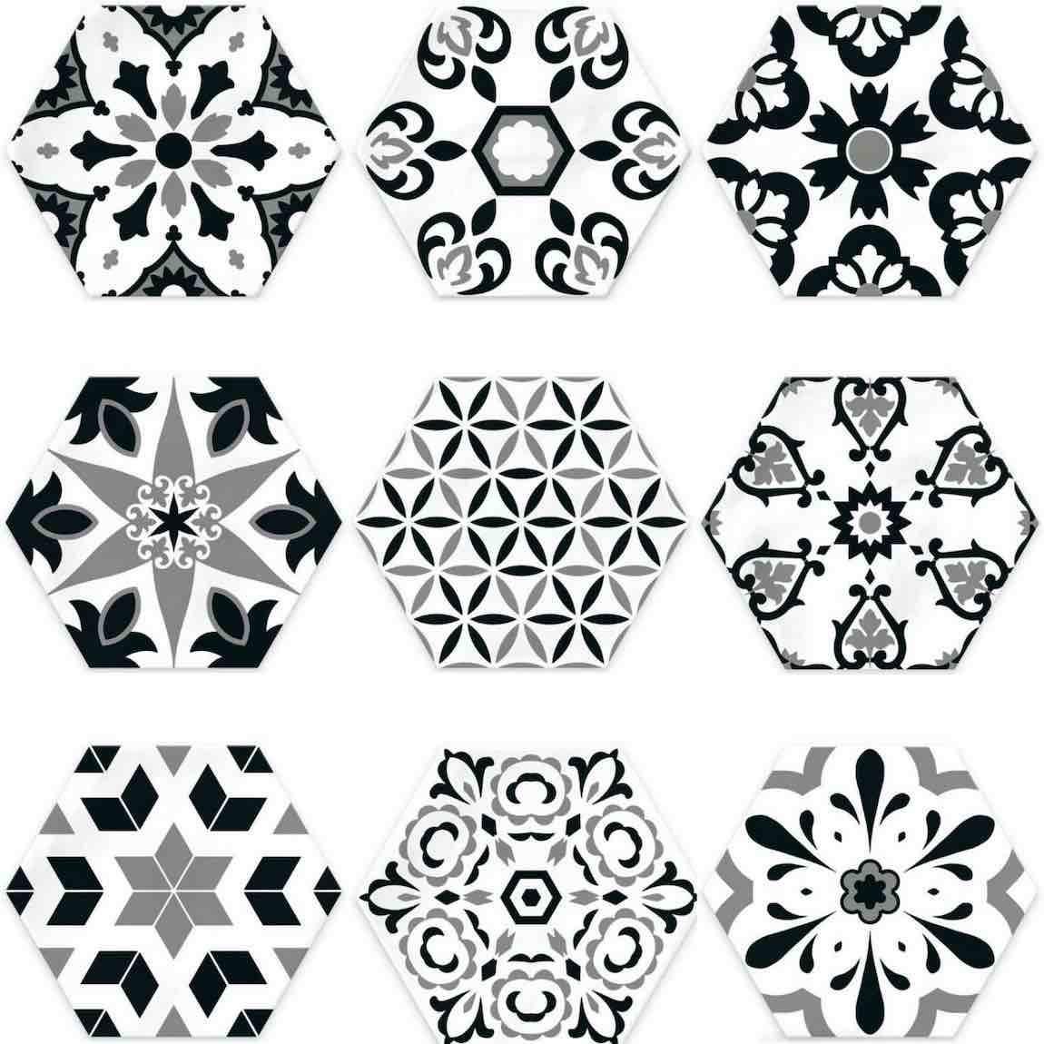 Patterned Porcelain Hexagon Tile Black White 6x7