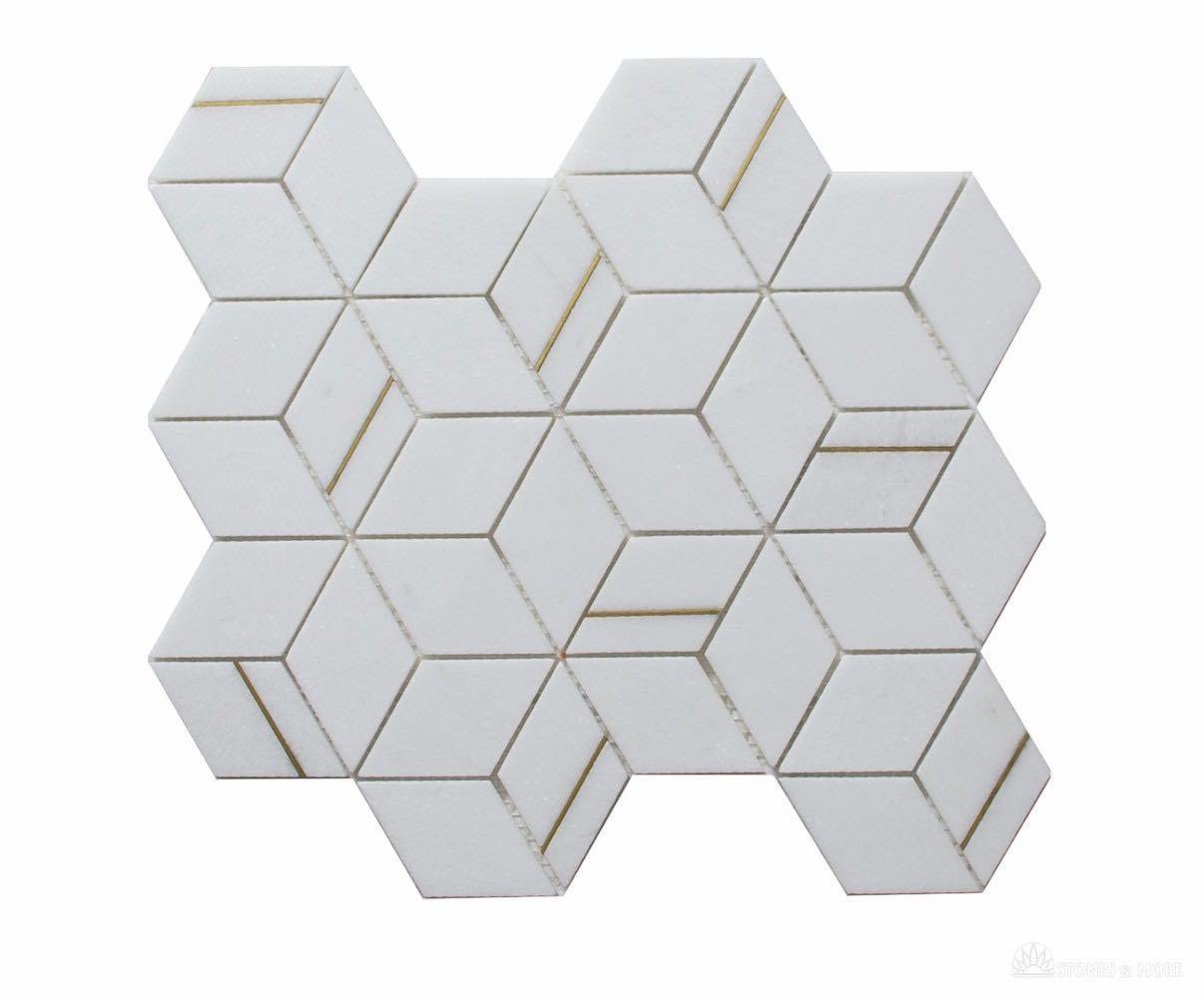 Inlay Brass Gold Cubes Thassos Tile