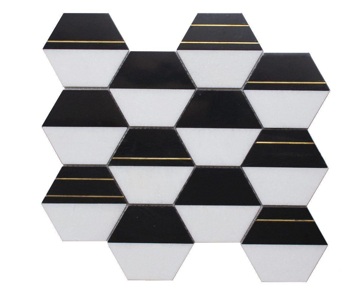 Inlay Brass Gold Hexagon Black and White Tile