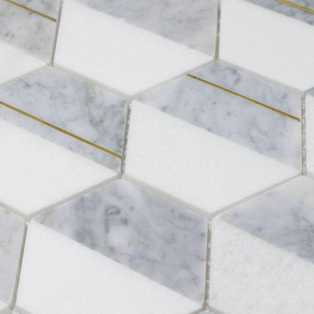 Inlay Brass Gold Hexagon Carrara Tile