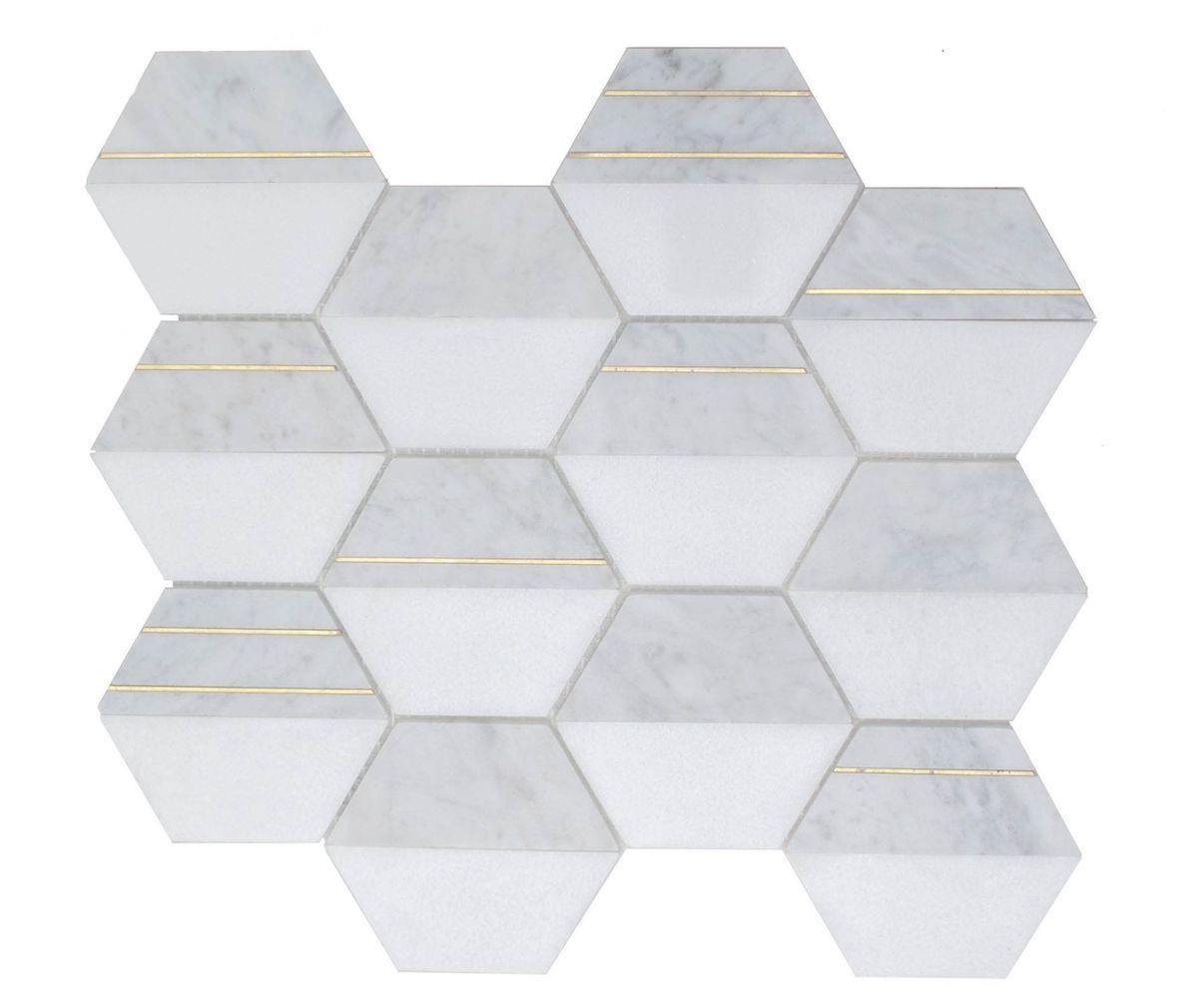 Inlay Brass Gold Hexagon Carrara Tile