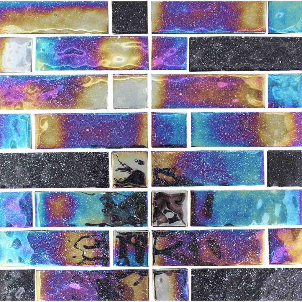 Iridescent Glass Pool Tile Black Multi-Linear