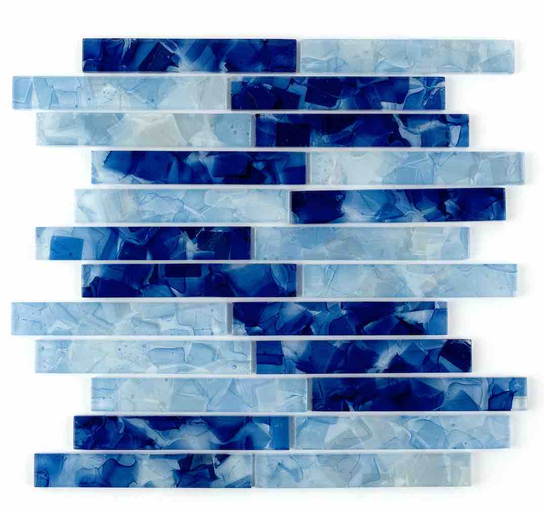 Liquid Glass Mosaic Tile Ocean Blend 1 x 6 for kitchen backsplash, bathroom, shower, and swimming pools.