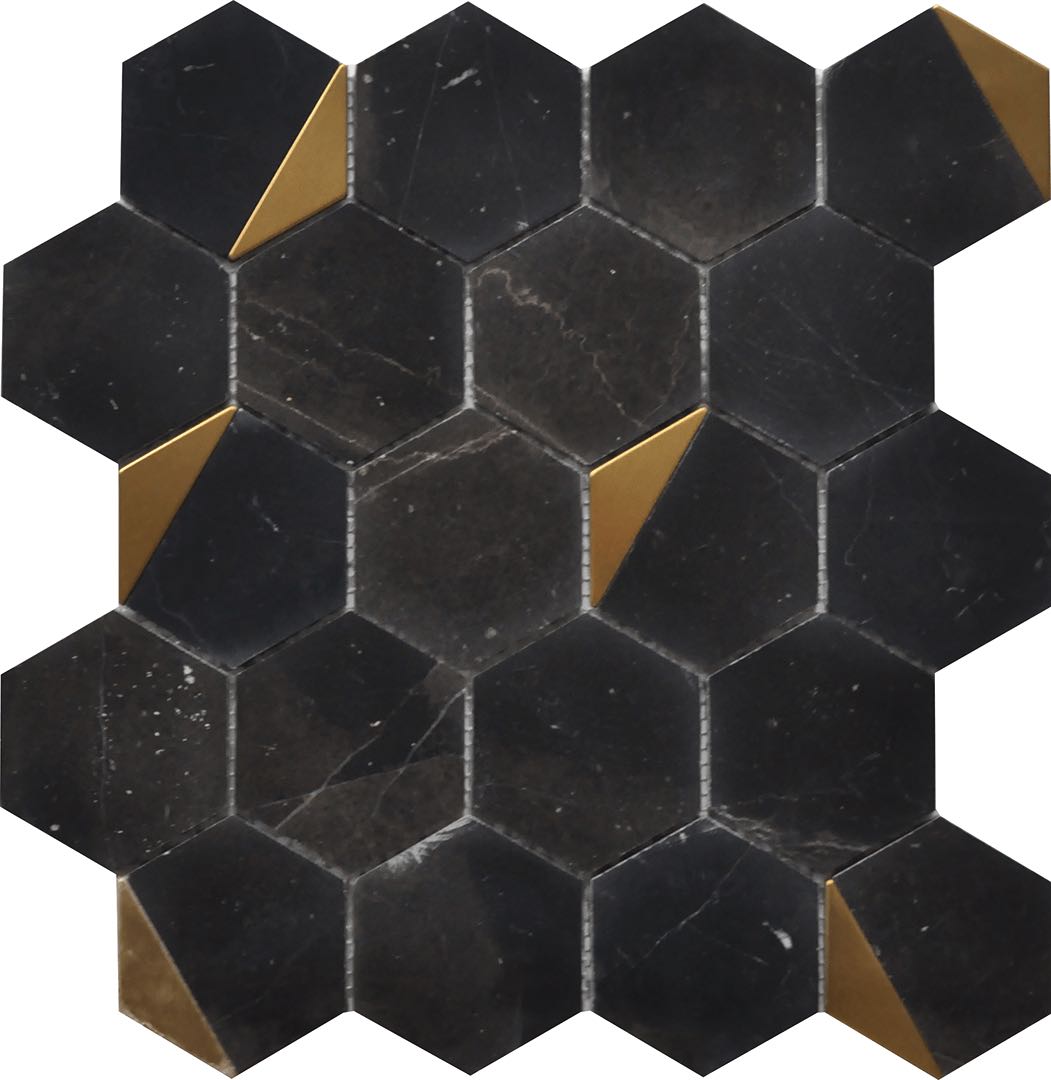 Inlay Brass Gold Nero Hexagon Tile for backsplash and bathroom wall