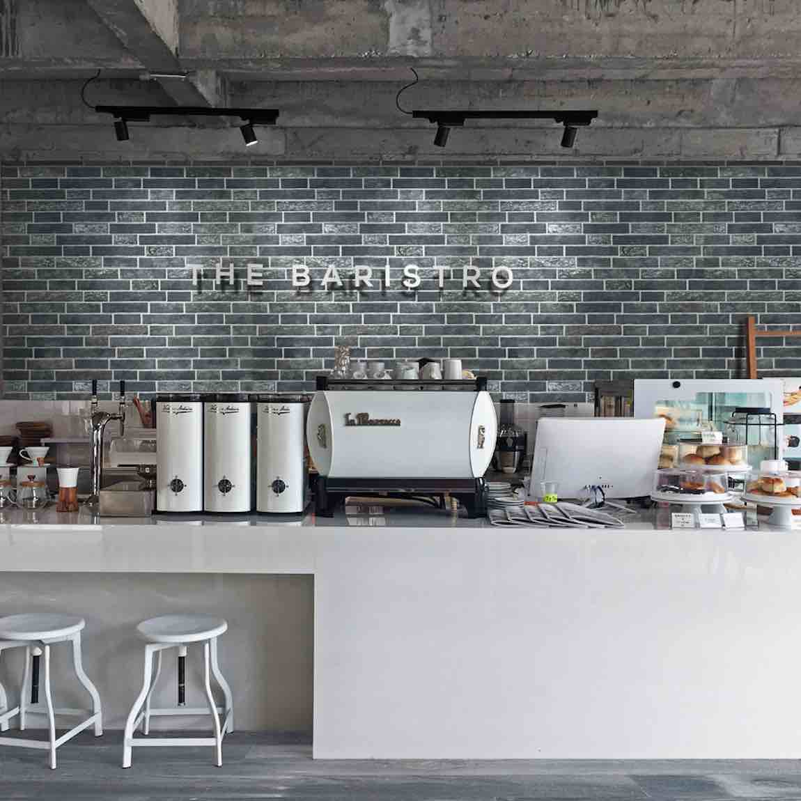 Urban Brick Porcelain Tile Mulberry 6x15 featured on a coffee shop