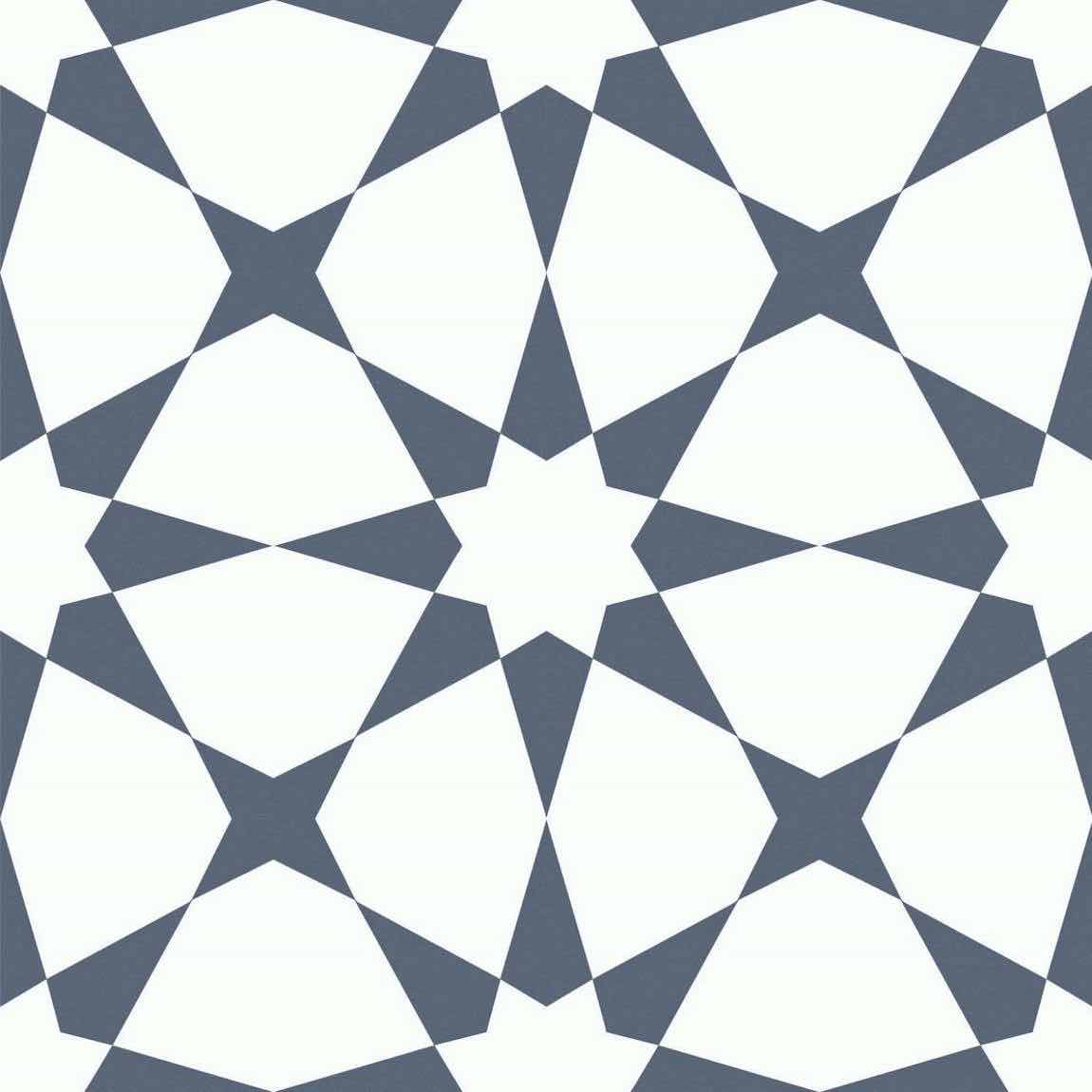 Patterned Porcelain Tile Blue Star 8x8 for kitchen, bathroom, shower, floor, and walls.