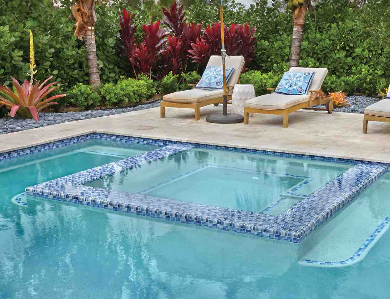 Glass Mosaic Tile South Pacific Blend 1 x 2 installed on a swimming pool spa