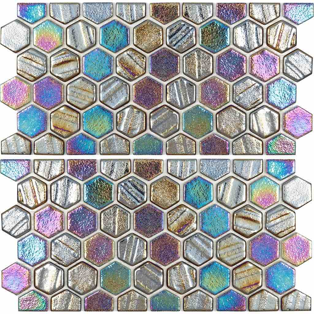 Recycled Hex Iridescent Glass Tile Black (Two 6" X 12" Pieces)