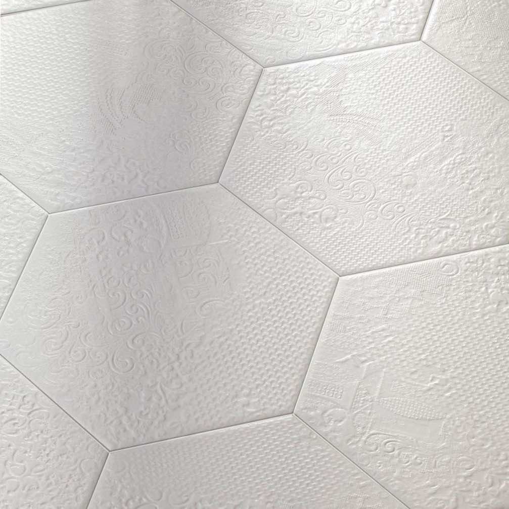 Studio Hexagon Texturized White Porcelain Tile 9x10 Installed