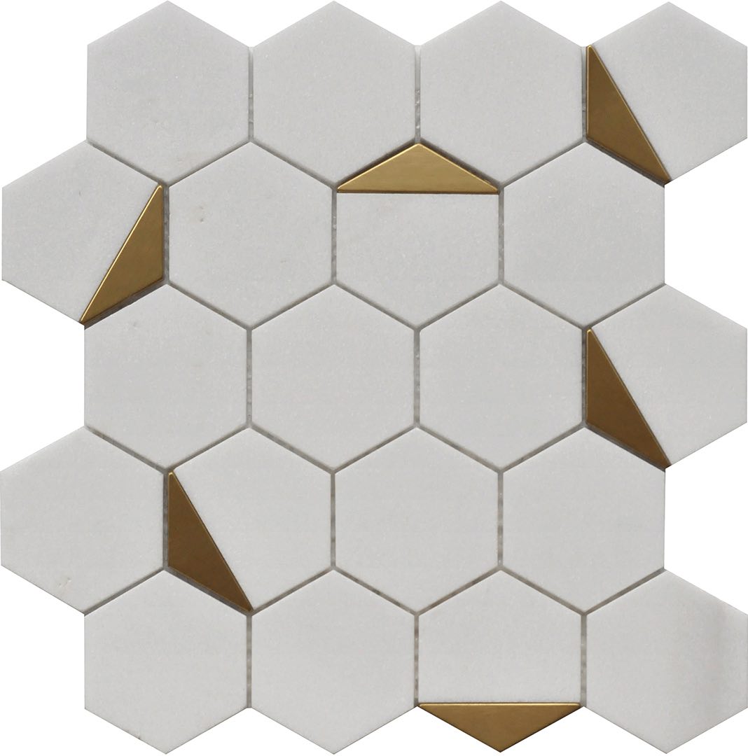 Inlay Brass Gold Thassos Hexagon Tile