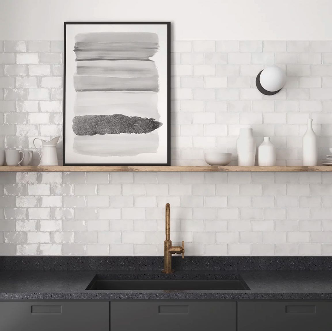 Farmhouse Subway Tile 3x6 White features on a kitchen backsplash with black cabinets and wood floating shelf