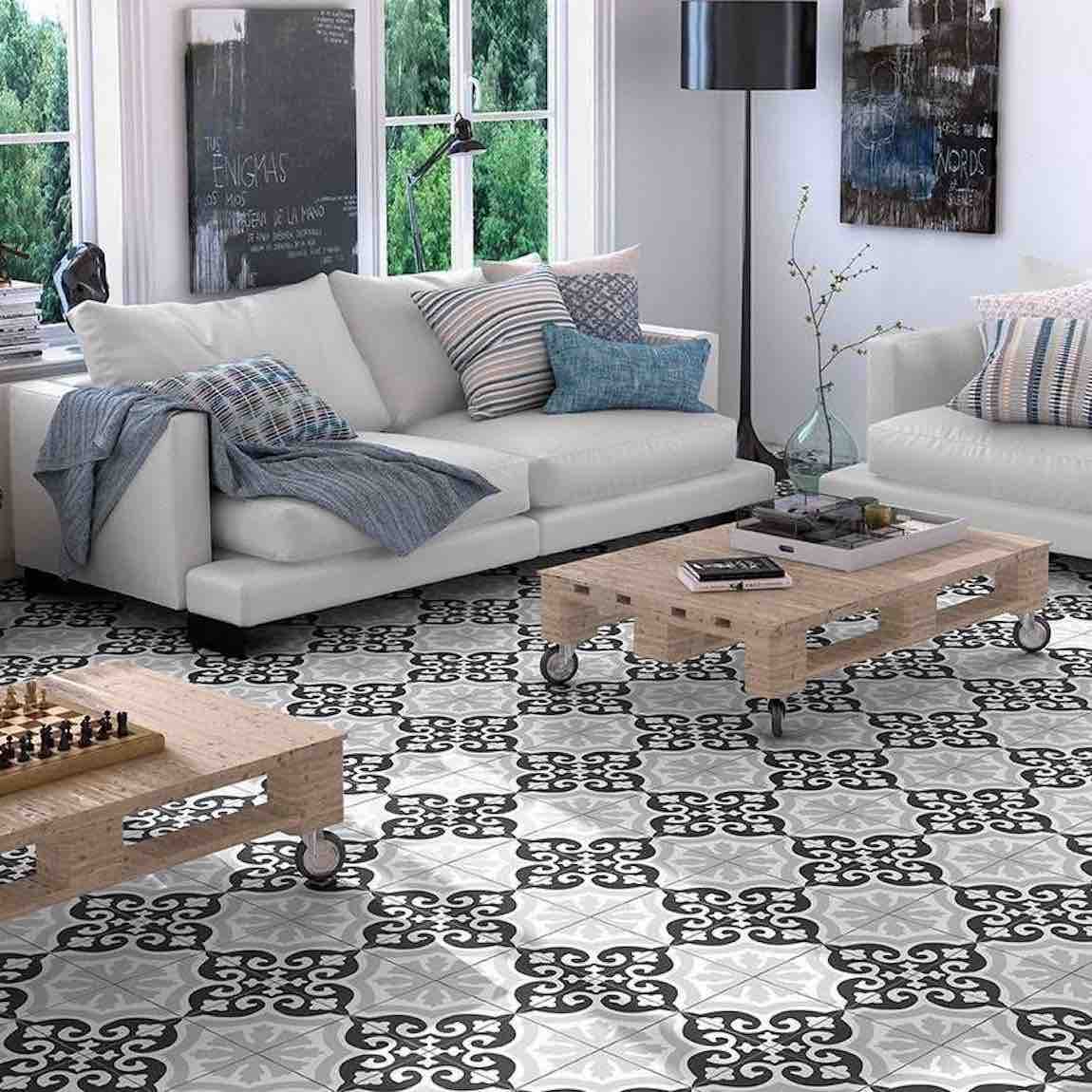 Patterned Porcelain Tile Ornament 8x8 installed on a living room floor